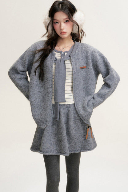 Striped Shawl Collar Long Sleeve Knit Sweater