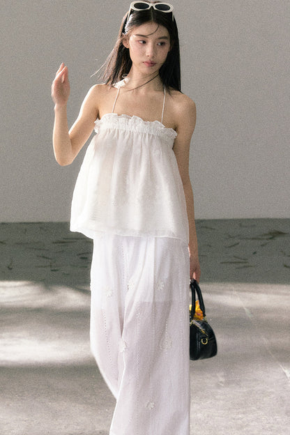 White Chiffon Lace Halter Top Set-Up