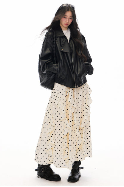 Black PU Lapel Biker Jacket, Polka Skirt and Dress Set-Up
