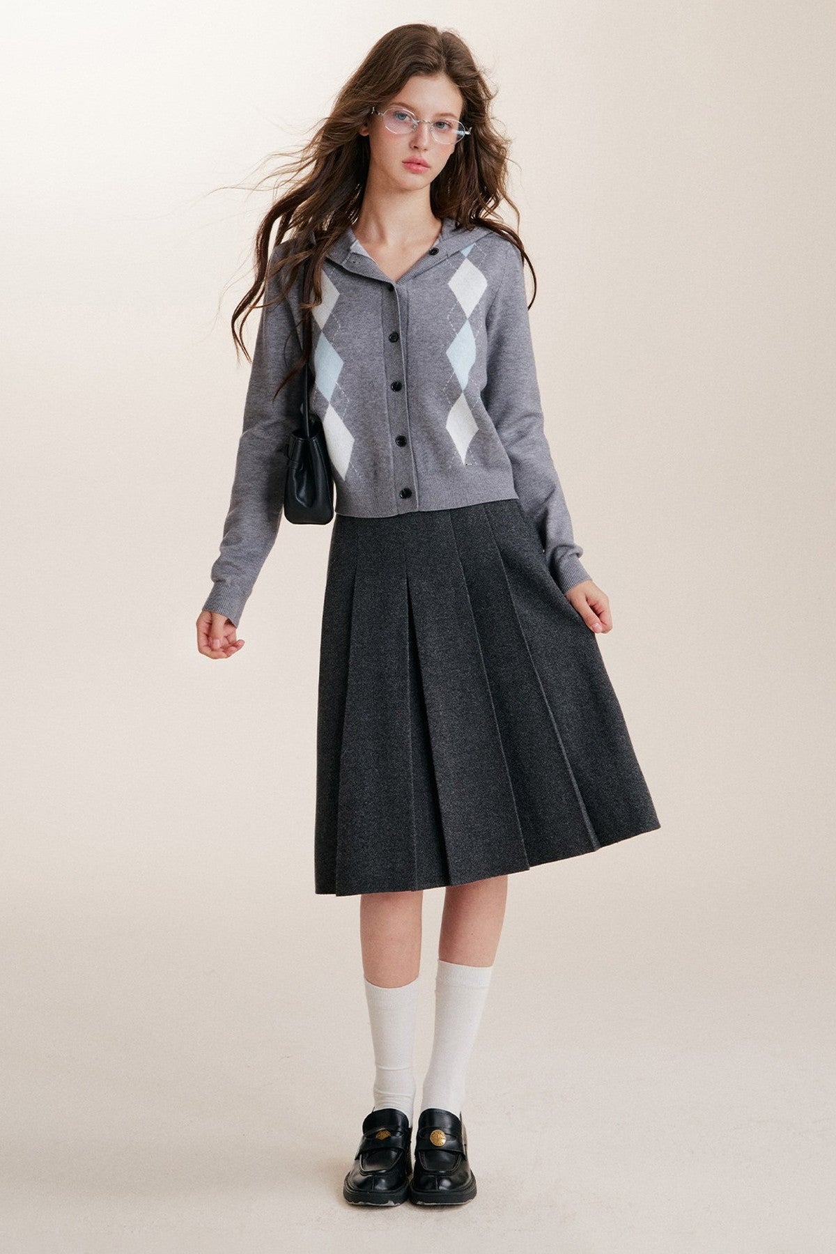 Cardigan con cappuccio a maniche lunghe, monopetto e fantasia a rombi