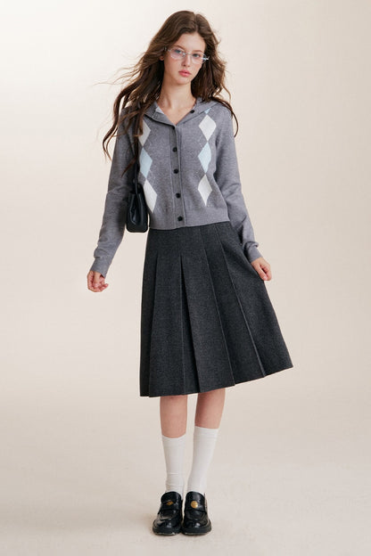 Cardigan con cappuccio a maniche lunghe, monopetto e fantasia a rombi