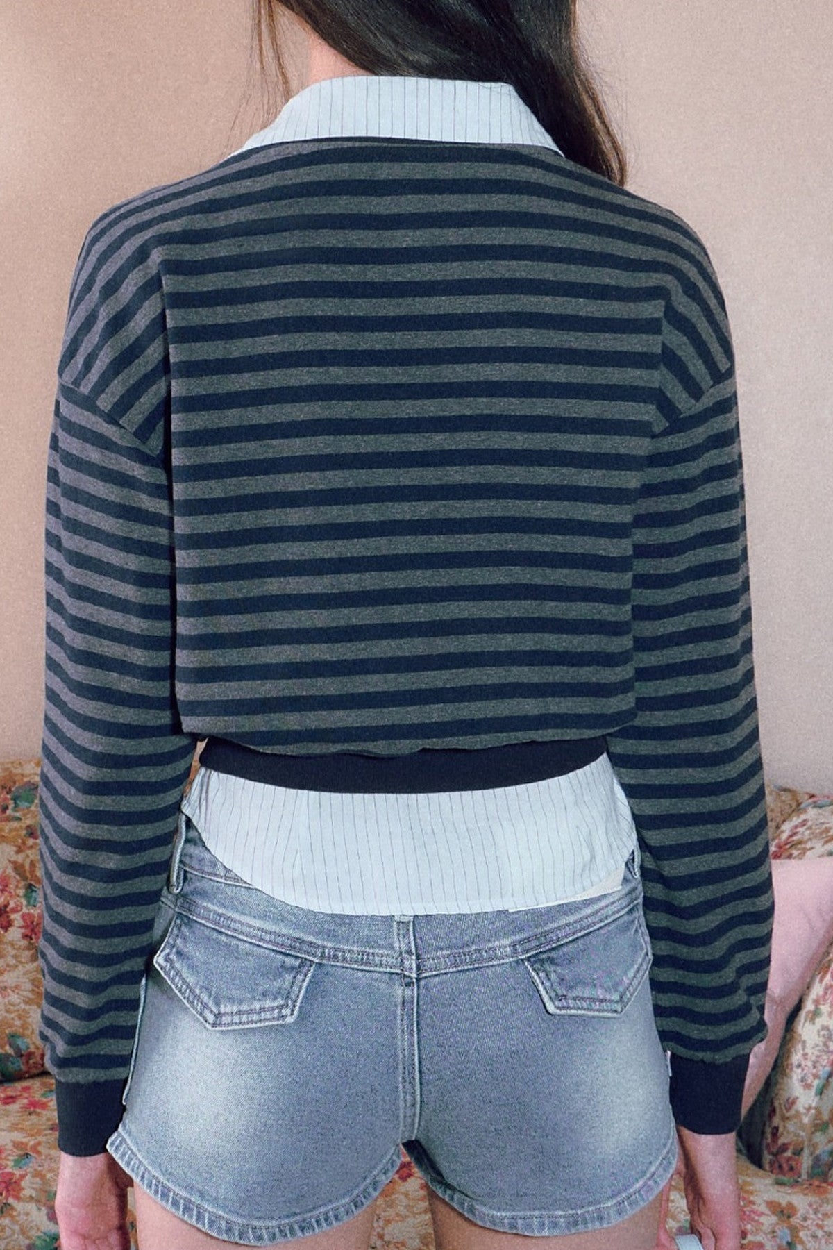 Striped Short-Sleeve Lace Shirt and Shorts Set-Up