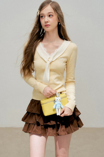 Cream Contrast Lace Tie Knit Sweater