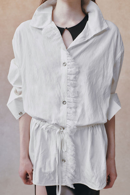 Oversized Crinkled Lace Drawstring Shirt