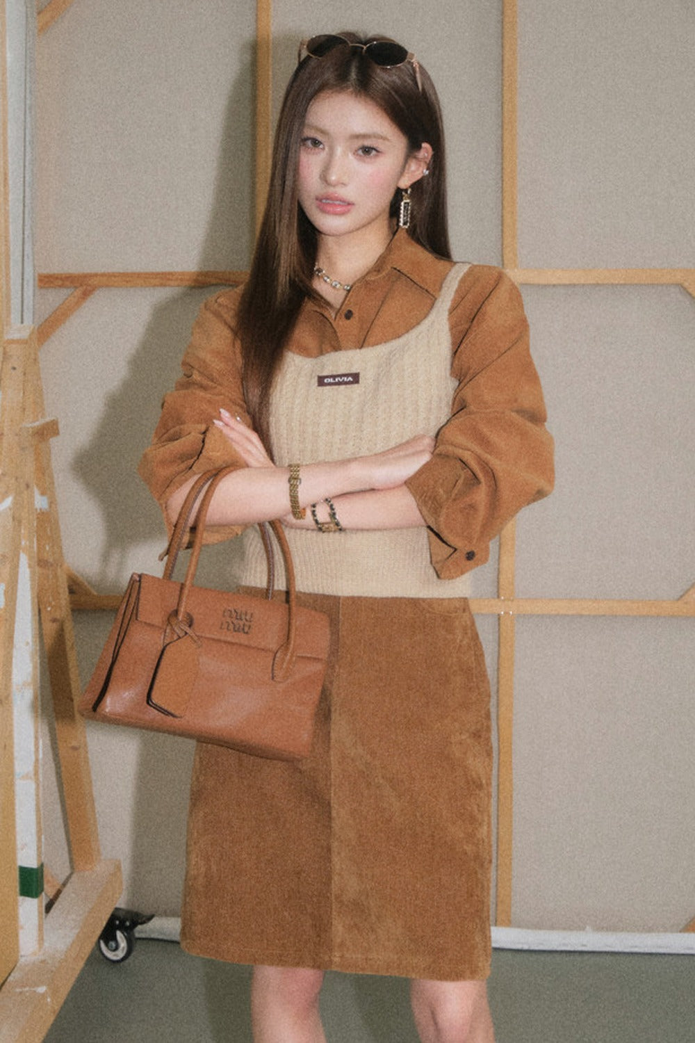 Brown Corduroy Jacket and Knit Vest Two-Piece Set-Up