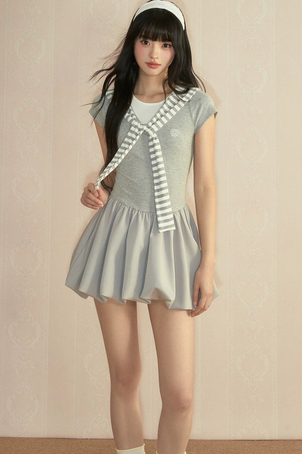 Gray Navy Collar Wrap Dress