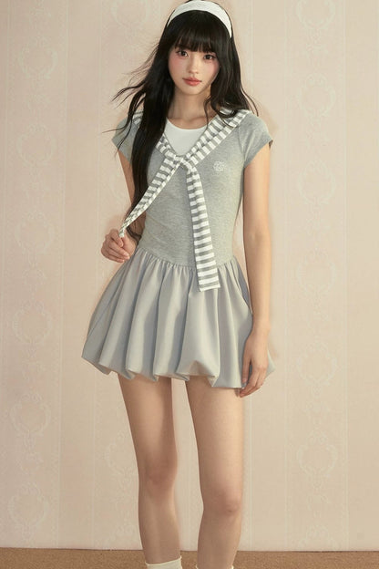Gray Navy Collar Wrap Dress