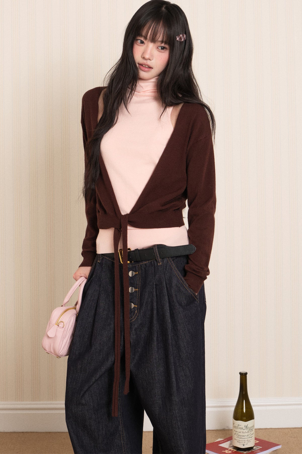 Layered High-Neck Vest and Tie-Up Cardigan Set-Up