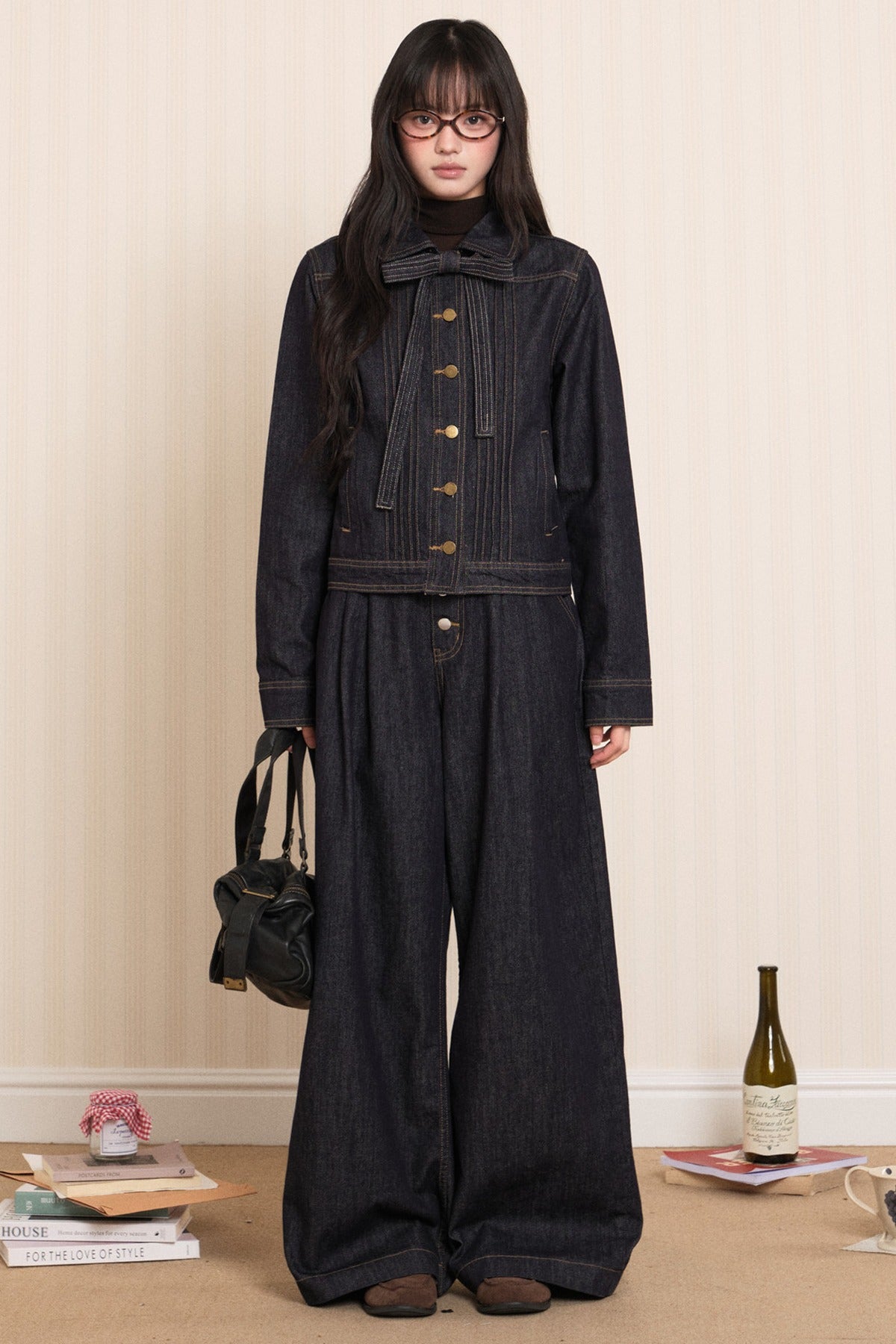 Washed Denim Lapel Tie Jacket