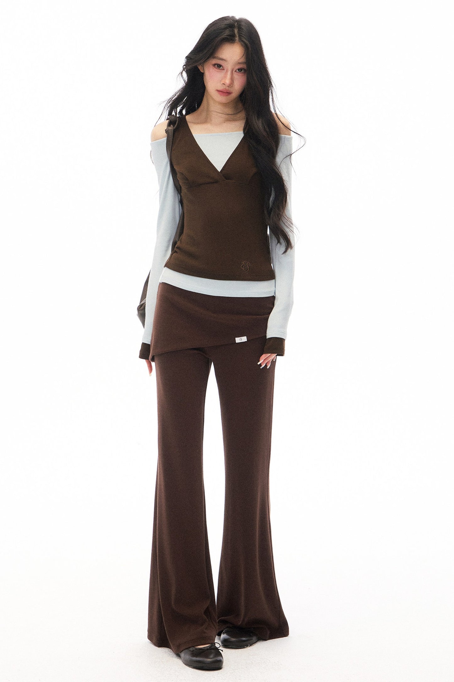 One-Shoulder V-Neck Long-Sleeve T-Shirt and Pants Set-Up