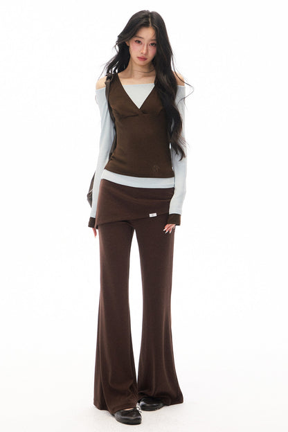 One-Shoulder V-Neck Long-Sleeve T-Shirt and Pants Set-Up