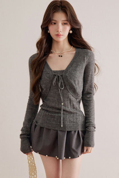 Long-Sleeve V-Neck Lace-Up Knit Sweater