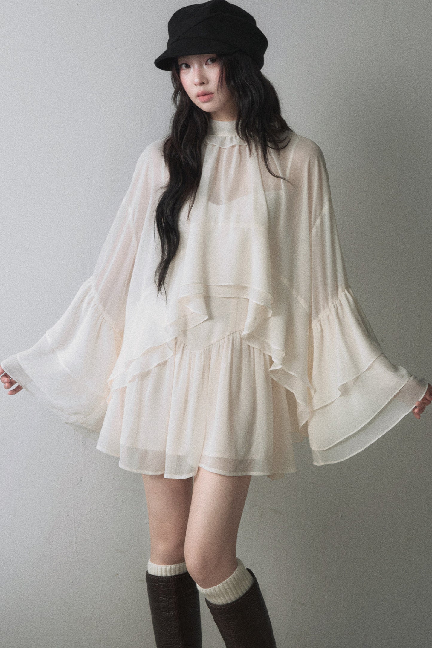 Ruffled Long-Sleeve Blouse and Suspender Dress Set-Up