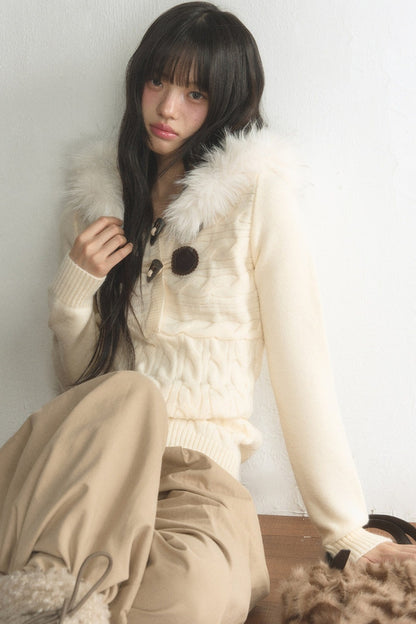 Large Fur Collar Toggle Hood Knit Top and Pants