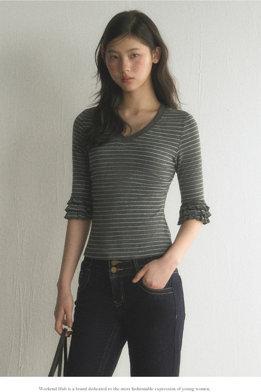 Striped Ruffled Patchwork Mid-Sleeve Top and Pants Set-Up