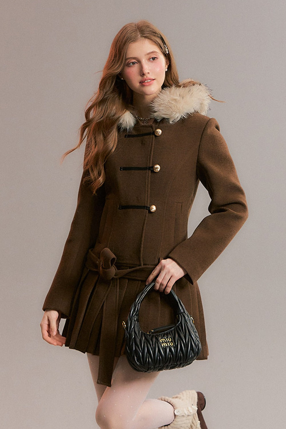 Brown Detachable Fur Collar Pleated Woolen Coat