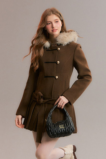 Brown Detachable Fur Collar Pleated Woolen Coat
