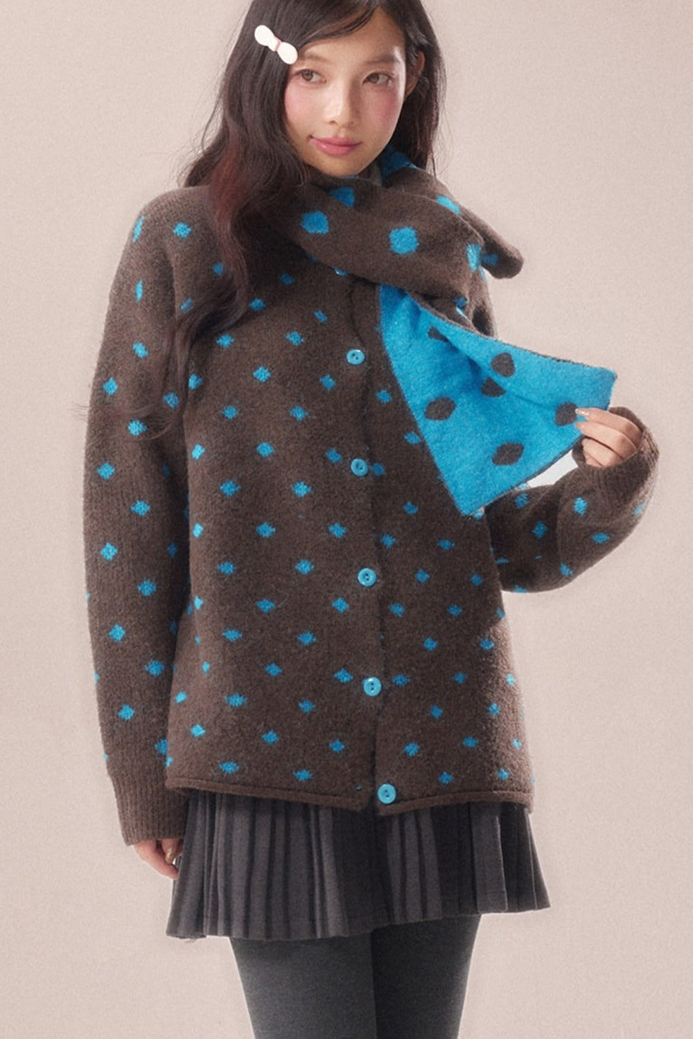 Polka Dot Scarf Knit Cardigan