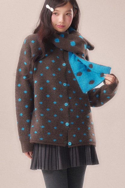 Polka Dot Scarf Knit Cardigan