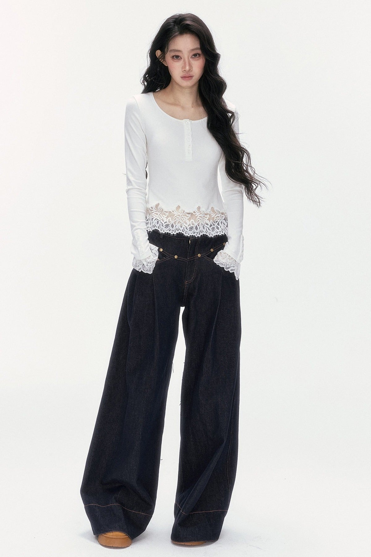 Asymmetrical Lace Henley Long-Sleeved Shirt