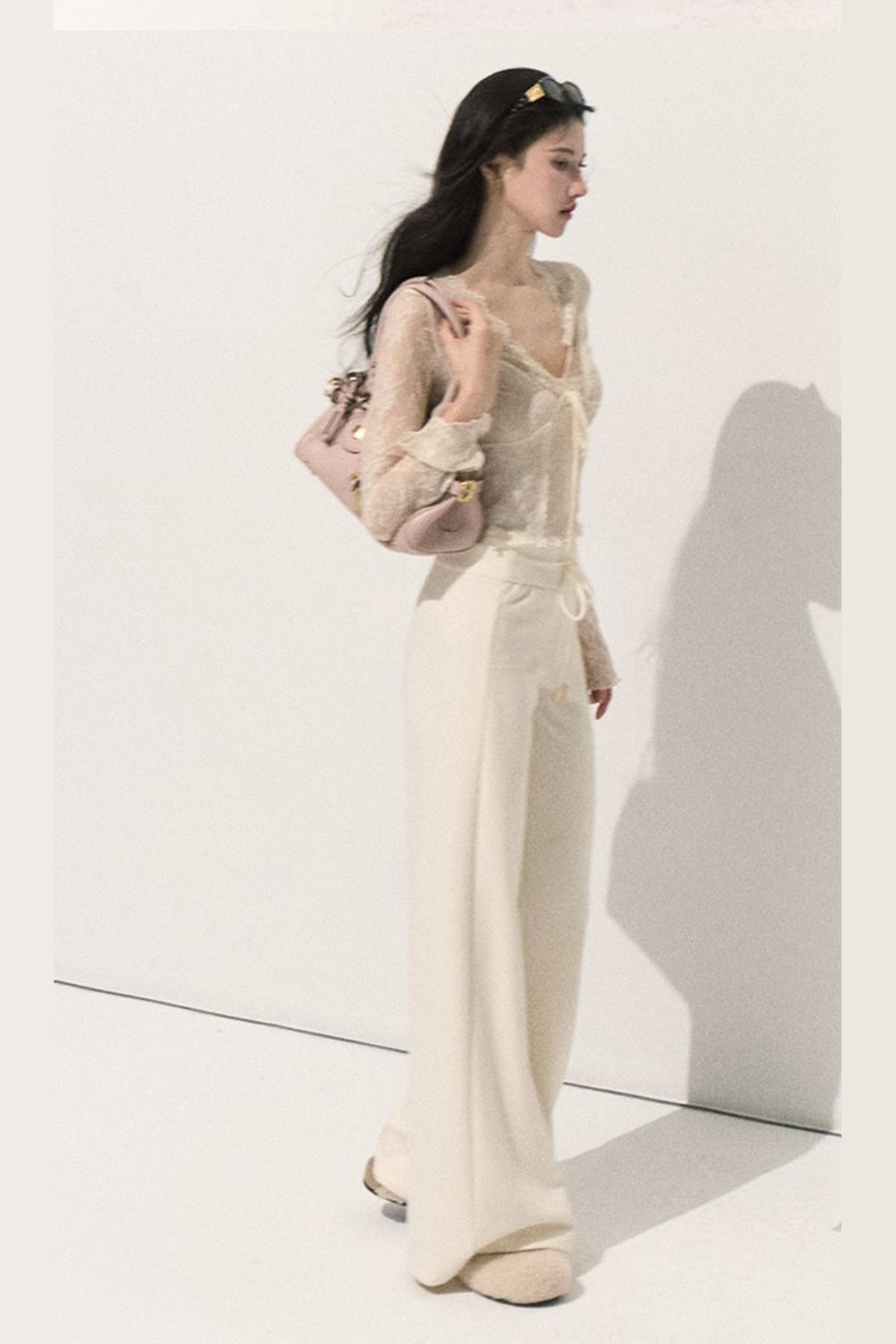 Silver-Embellished High-Waisted Wide-Leg Pants