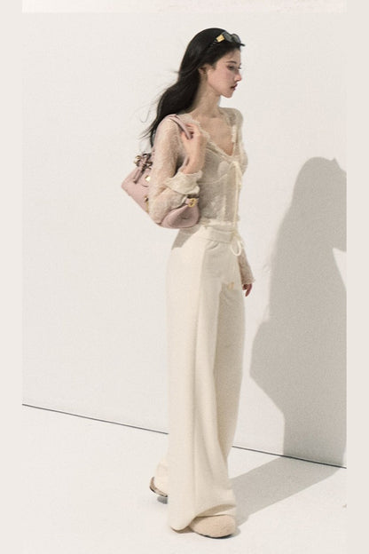 Silver-Embellished High-Waisted Wide-Leg Pants