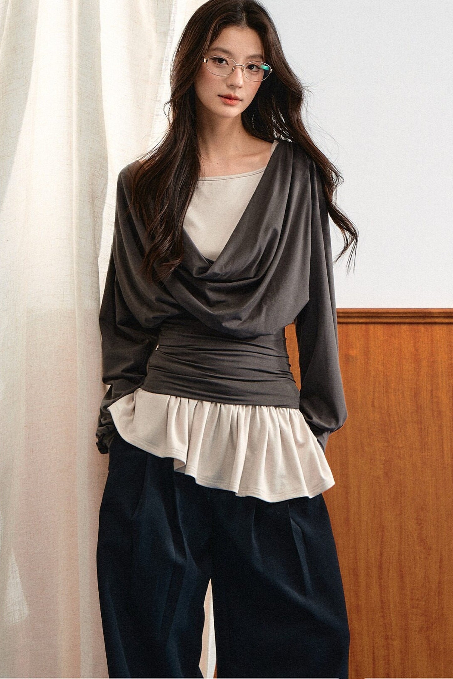 Draped Ruched Blouse and Inner Top Set-Up