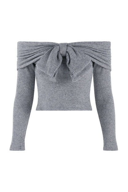 Off-Shoulder Bow Knit Pullover