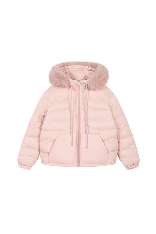 Heart Quilted Fur Collar Hooded Jacket