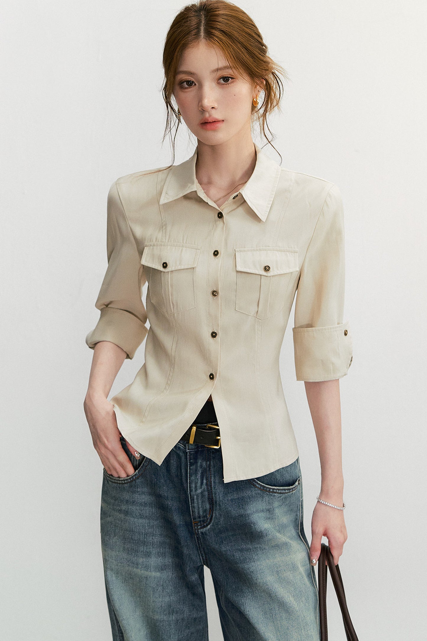 Three-Quarter Sleeve Pocket Work Shirt