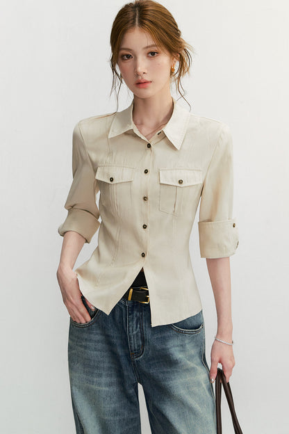Three-Quarter Sleeve Pocket Work Shirt