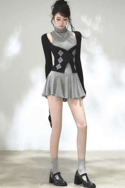 Vertical Striped Diamond Knit Cardigan and Ruffled Dress Set-Up