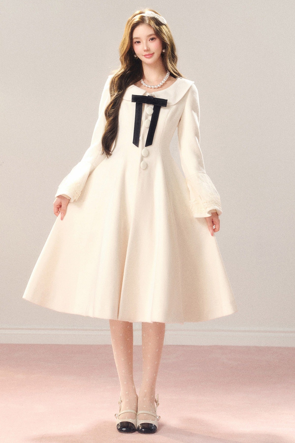 Flared Off-White Mid-Length Coat Dress