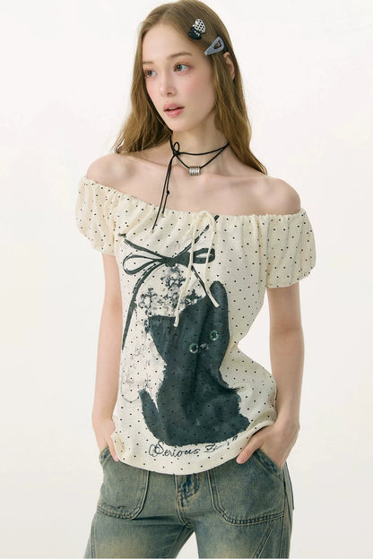 White Cat Print Off-Shoulder T-Shirt