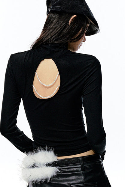 Large Hollow-Out Pearl Chain High-Neck Knit Top