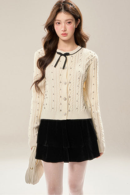 Rhinestone Bow Knit Cardigan Top and Velvet Skirt Set-Up