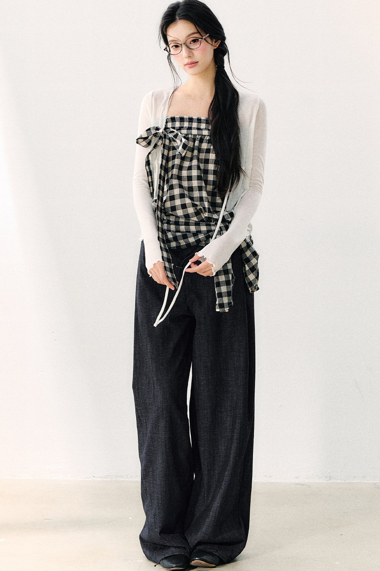 Washed Plaid Tube Top With Bow