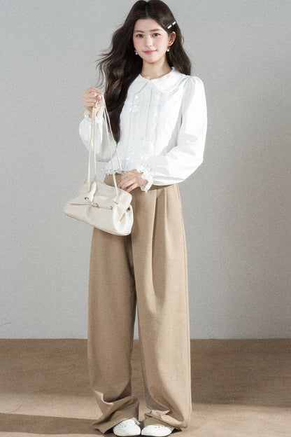White Long-Sleeved Loose Pullover Doll Collar Shirt