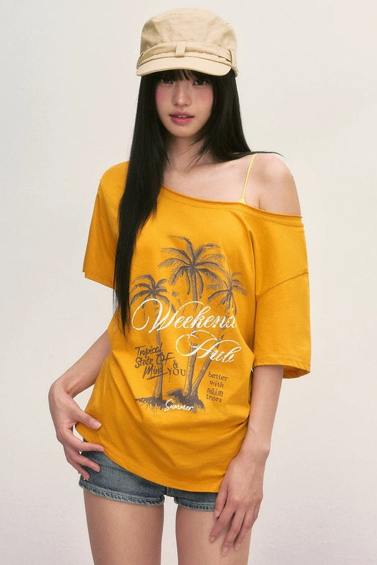 T-shirt épaules dénudées à motif palmier avec laçage
