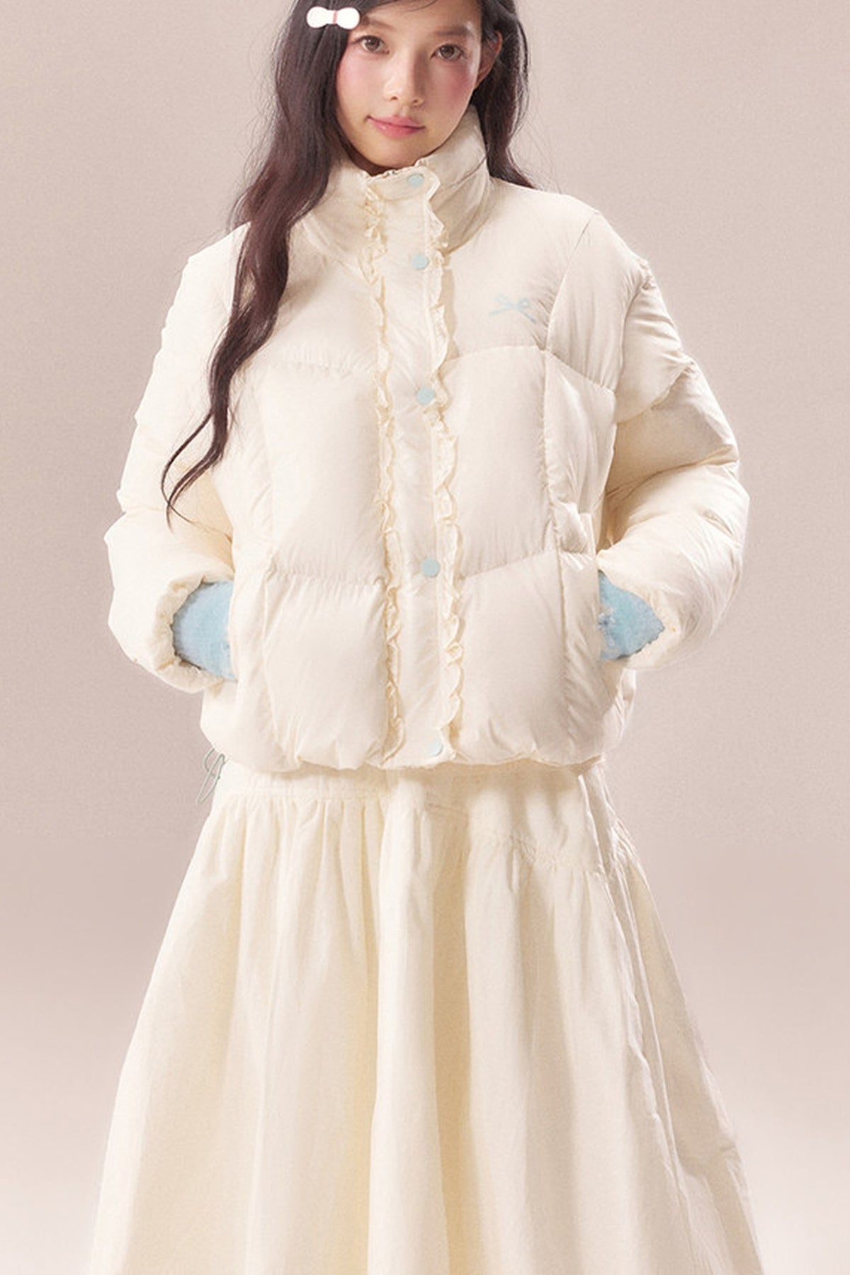 Short Embroidered Bow Lace Down Jacket