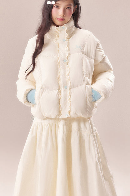 Short Embroidered Bow Lace Down Jacket