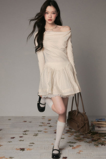 Off-Shoulder Polka Dot Lace Patchwork Dress