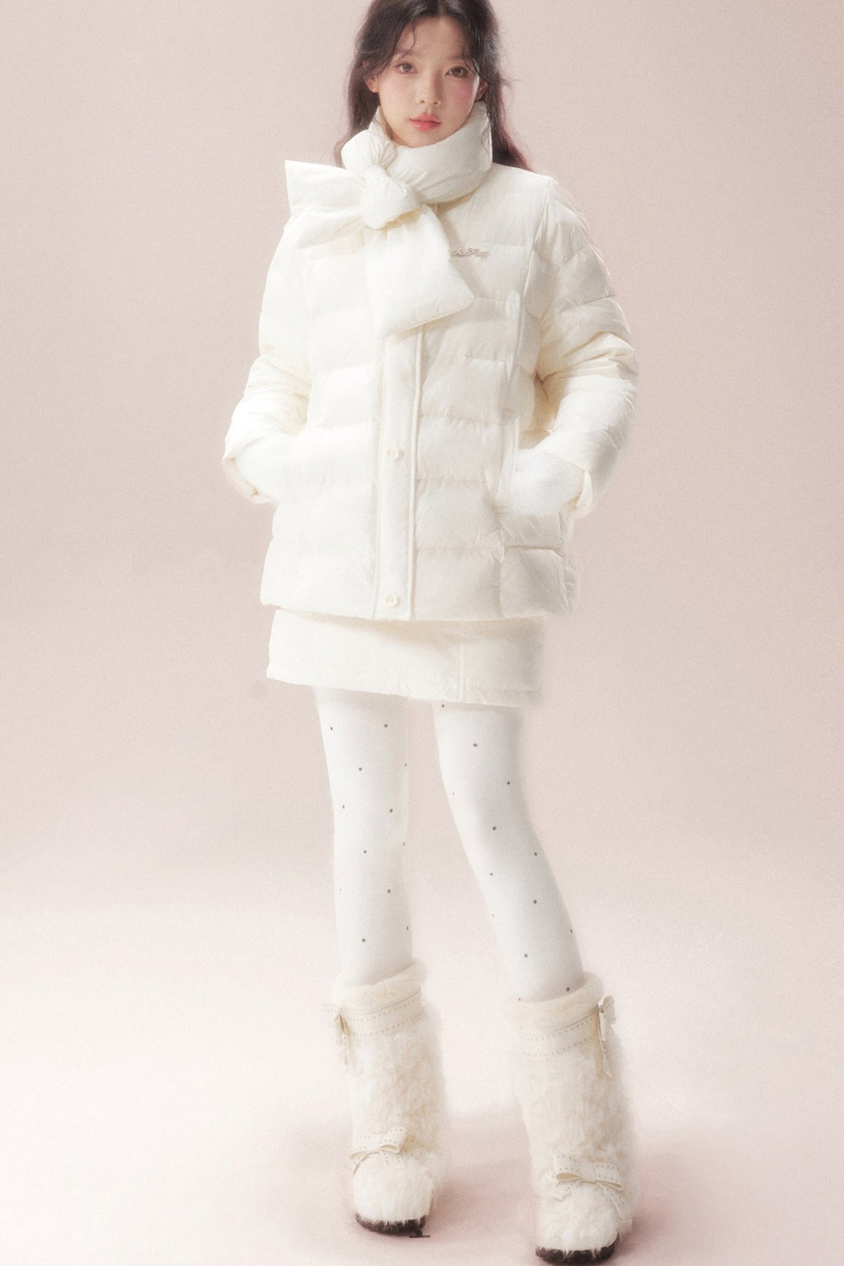 Bow-Knot Scarf Mid-Length Down Jacket