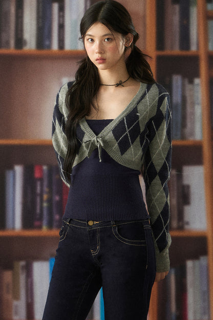 Short Argyle Cardigan and Cami and Pants Set-Up