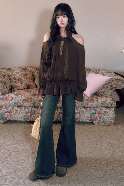 Retro Halterneck Off-Shoulder Ruffle Blouse