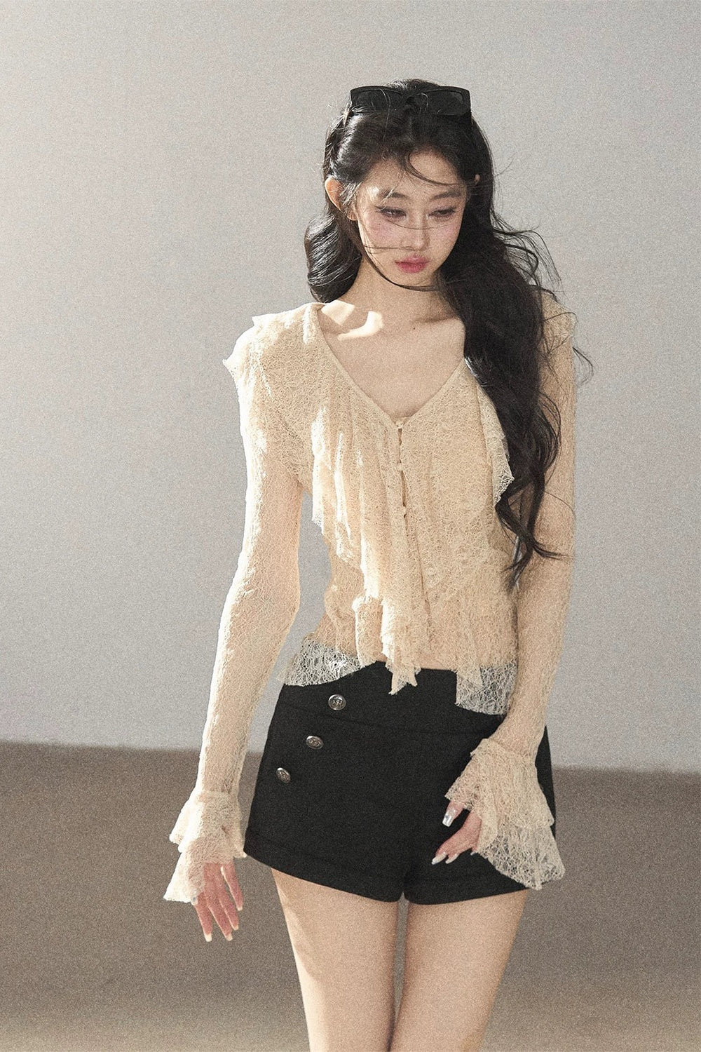 Ruffled French-Style Hollow-Out Blouse