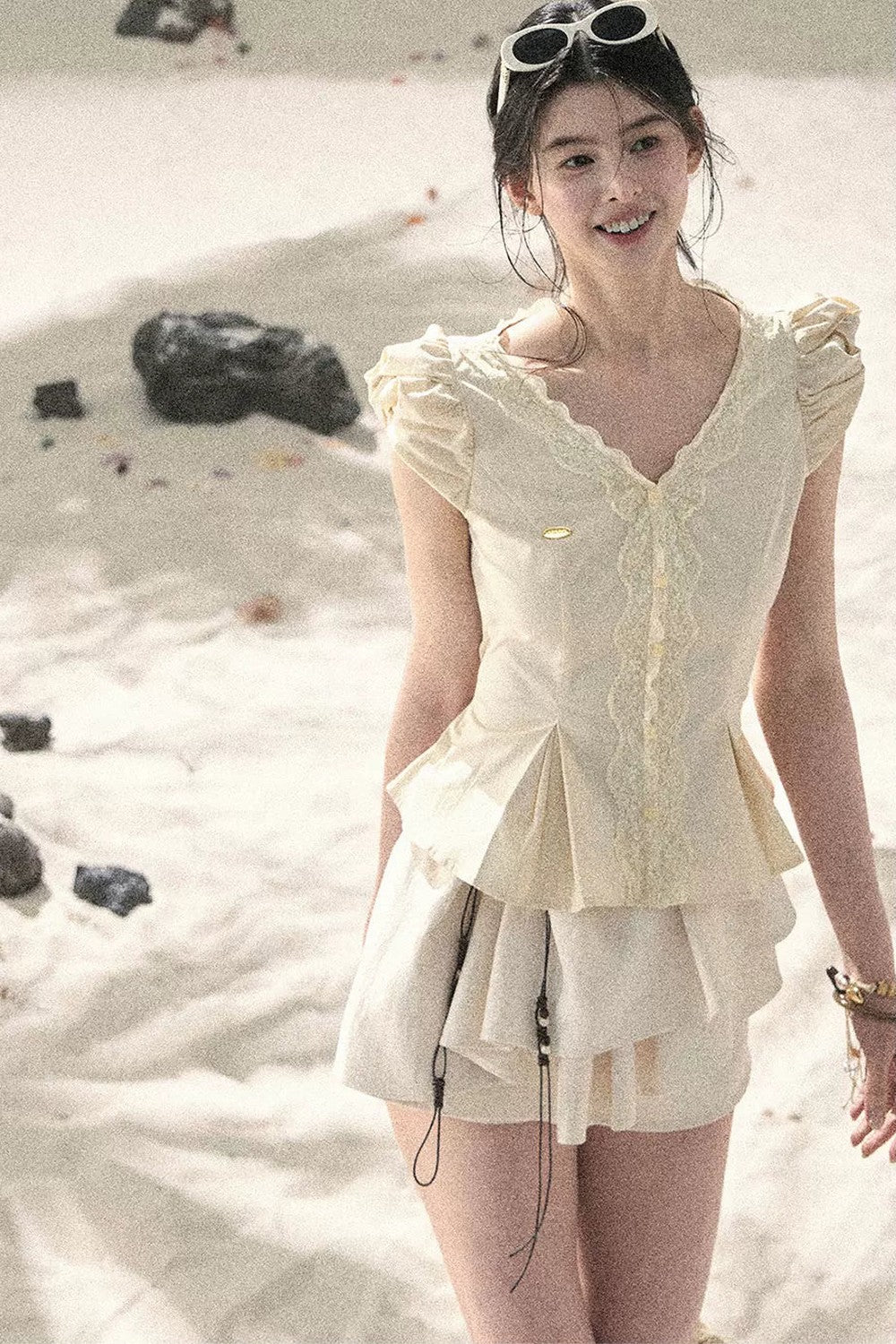 French V-Neck Lace Puff Sleeve Blouse