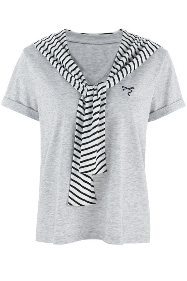 Loose Short-Sleeved Striped Shawl T-Shirt and Denim Skirt Set-Up