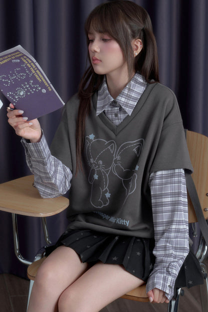 Sweatshirt im Lagenlook mit Katze und Karomuster