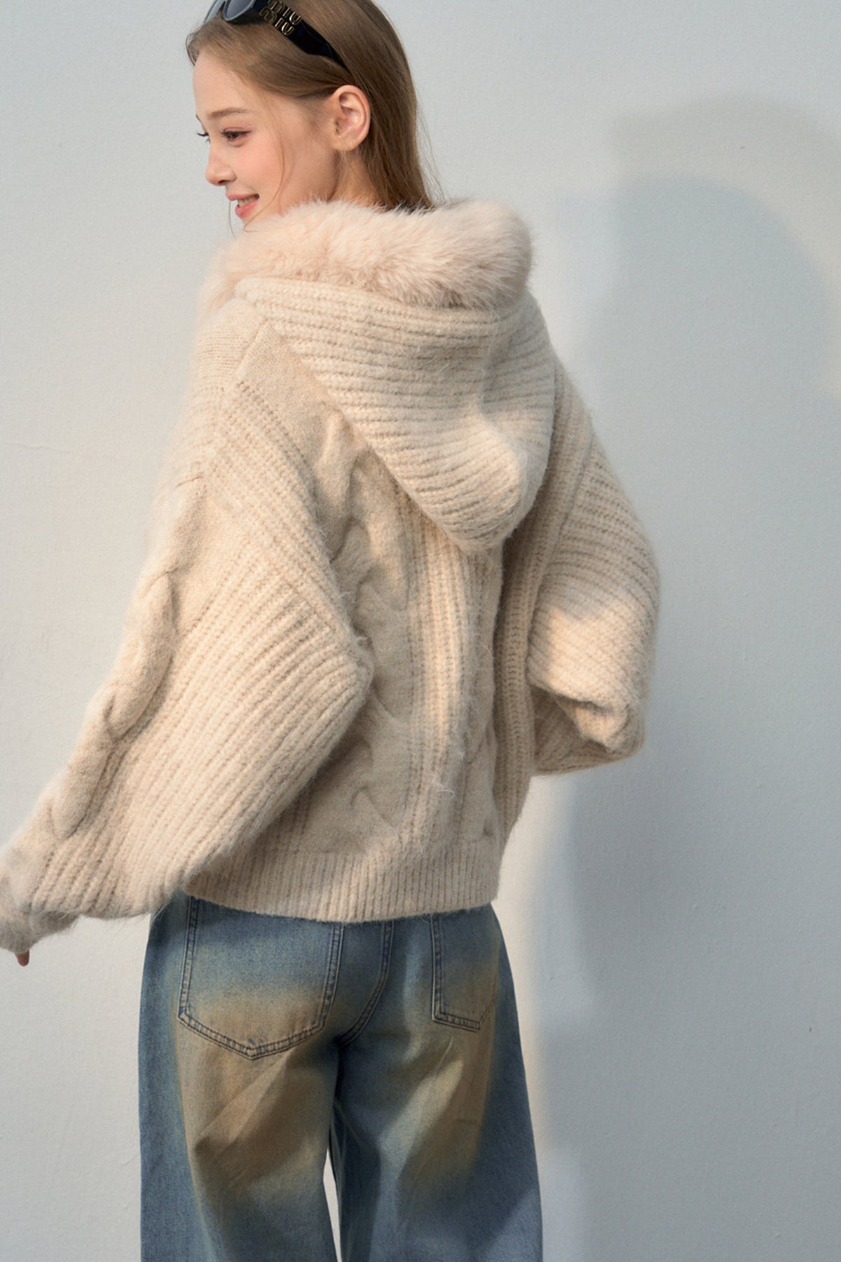 Fur Collar Hooded Knit Cardigan